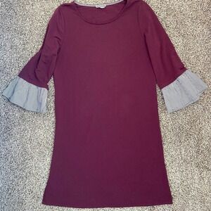Pleione maroon dress 3/4 ruffled shift pin stripe bell sleeves knee length